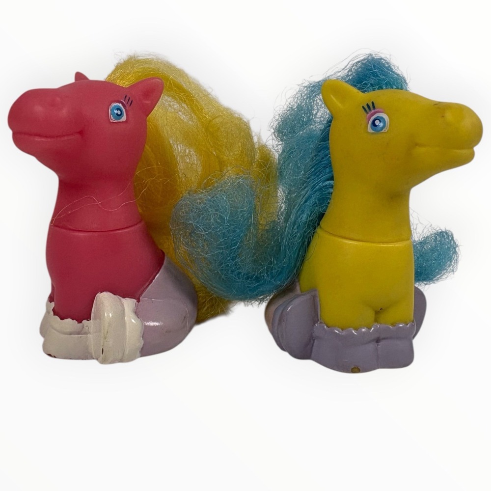 2 Vintage Tara Toy MINI Pink /Blue Yellow hair Horse Pony sitting 2 1/2" figure